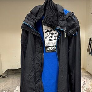 Superdry Men's Black and Blue Windbreaker vintage 90’s